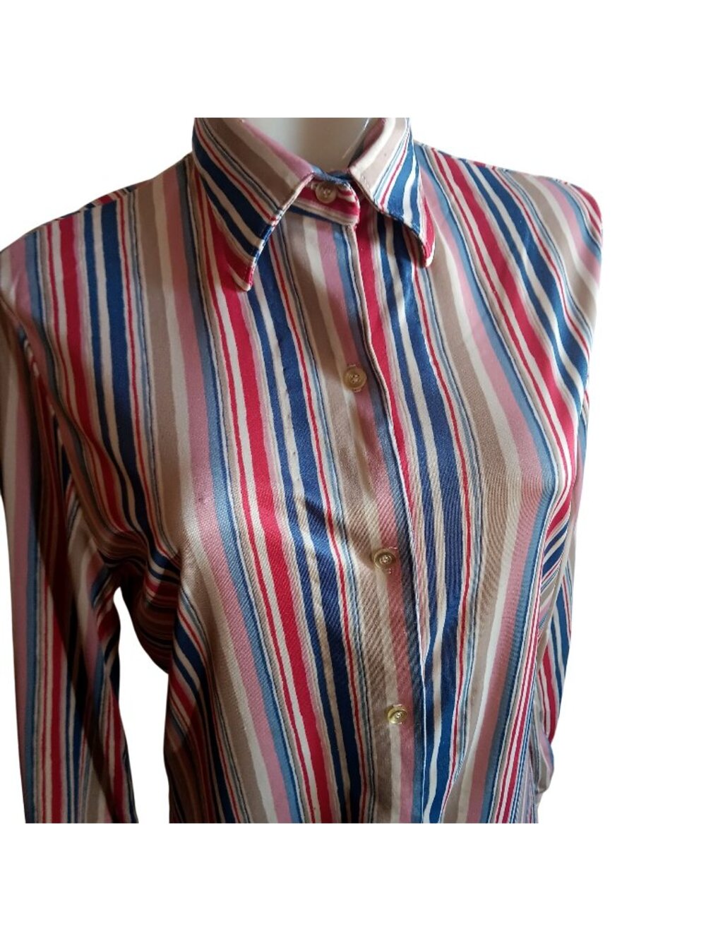 True Vintage Top Medium 1970's Fuss Striped Button-Up Shirt Stretch Polyester